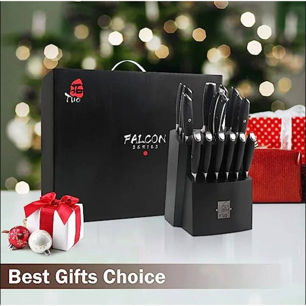 TUO Knife Block Set - 17 PCS Kitchen Knife Set with Wooden Block, FALCON SERIES